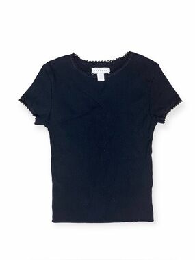 Topshop Black Ribbed Lace Trim Baby Tee Top Minimalist Basic Size 2 XS